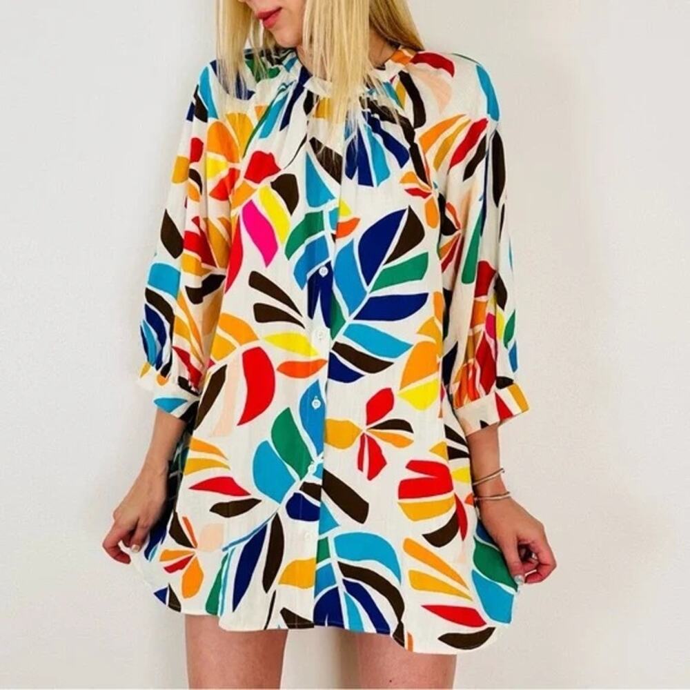 Tabitha Brown Botanical Print Puff Sleeve Mini Tunic Dress – Size S - Picture 2 of 7
